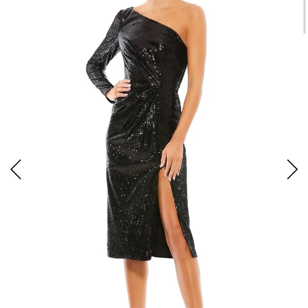 Mac Duggal Black One-Shoulder Sequin Midi Dress with Side Slit